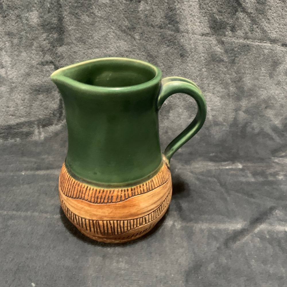 Studio Pottery Pitcher RC Signed Green Brown Sgraffito Textured Ceramic Boho